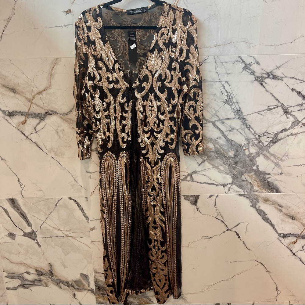 Lucky & Blessed Ornate Black and Gold Long Sleeve Duster